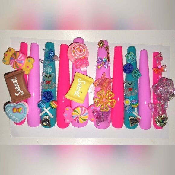 Hand crafted custom florescent 10pc xxl acrylic press on nails sz large - Picture 1 of 6